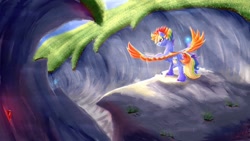 Size: 1920x1080 | Tagged: safe, artist:thatonegib, imported from derpibooru, rainbow dash, pegasus, pony, redesign, scenery, smiling, solo, spread wings, wings