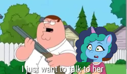 Size: 1079x628 | Tagged: safe, imported from twibooru, unicorn, family guy, g5, gun, image, meme, misty, png, shotgun, weapon