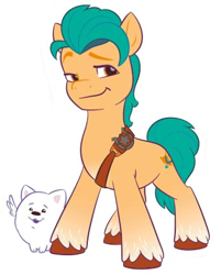 Size: 337x419 | Tagged: safe, imported from derpibooru, hitch trailblazer, dog, earth pony, pomeranian, pony, cloudpuff, dreamworks face, flying pomeranian, g5, male, sheriff's badge, simple background, smug, solo, stallion, white background, winged dog