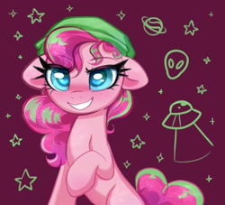 Size: 2276x2070 | Tagged: safe, artist:confetticakez, imported from derpibooru, pinkie pie, alien, earth pony, pony, bandana, female, grin, smiling, ufo