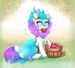 Size: 2048x1848 | Tagged: safe, artist:confetticakez, imported from derpibooru, oc, oc only, kirin, apple, female, food, kirin oc, solo