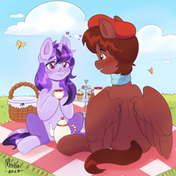 Size: 3000x3000 | Tagged: safe, artist:merisa, imported from derpibooru, oc, oc only, oc:autumn rosewood, oc:dreaming bell, butterfly, pegasus, pony, unicorn, basket, beret, blushing, clothes, cookie, cup, female, food, grass, hat, horn, looking at each other, looking at someone, male, mare, muffin, outdoors, picnic, picnic basket, picnic blanket, scarf, sitting, stallion, teacup, teapot, two toned coat, wings