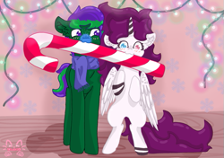 Size: 571x403 | Tagged: safe, artist:_niveria_, imported from derpibooru, oc, oc only, oc:niveria, alicorn, pony, alicorn oc, candy, candy cane, duo, food, horn, wings