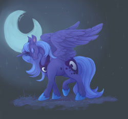 Size: 1280x1187 | Tagged: safe, artist:splooto, imported from derpibooru, princess luna, alicorn, pony, blue mane, blue tail, crescent moon, crying, digital art, eyes closed, eyeshadow, female, grass, gray background, hoof shoes, horn, makeup, mare, moon, night, peytral, raised hoof, sad, simple background, solo, sparkles, stars, tail, walking, wings