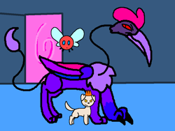 Size: 960x720 | Tagged: safe, artist:wonderwolf51, oc, oc:alzootiz, oc:kingsley the dog, hybrid, parasprite, series:ask wonderwolfia, ancient creature, group