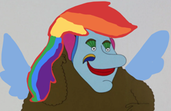 Size: 888x578 | Tagged: safe, edit, imported from derpibooru, rainbow dash, pegasus, bad edit, cursed image, jeremy hillary boob, multicolored hair, rainbow hair, wat, yellow submarine