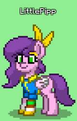 Size: 564x888 | Tagged: safe, imported from derpibooru, pipp petals, pegasus, pony, fallout equestria, pony town, clothes, cosplay, costume, g5, green background, implied littlepip, jumpsuit, namesake, pipbuck, pun, simple background, solo, vault suit, visual pun