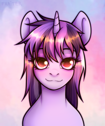 Size: 5000x6000 | Tagged: safe, artist:fraiter, imported from derpibooru, oc, oc only, oc:dreaming bell, pony, unicorn, bust, commission, cute, female, horn, looking at you, mare, ocbetes, portrait, smiling, solo, unicorn oc