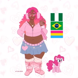 Size: 2048x2048 | Tagged: safe, artist:cryweas, imported from derpibooru, pinkie pie, earth pony, human, pony, alternate hairstyle, bag, belly button, belt, boots, brazil, chubby, clothes, cute, dark skin, diapinkes, female, freckles, hoodie, humanized, jewelry, mare, midriff, nail polish, necklace, one eye closed, pansexual, pansexual pride flag, peace sign, pride, pride flag, shoes, skirt, socks, stockings, sunglasses, thigh highs, wink