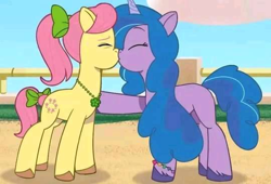 Size: 540x367 | Tagged: safe, edit, edited screencap, imported from derpibooru, screencap, izzy moonbow, earth pony, pony, unicorn, spoiler:g5, spoiler:my little pony: tell your tale, duo, episode needed, eyes closed, fake screencap, female, g5, i can't believe it's not hasbro studios, kiss on the lips, kissing, lesbian, mare, my little pony: tell your tale, posey bloom, poseymoonbow, shipping