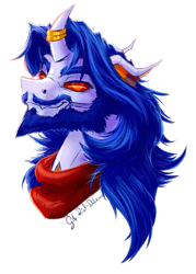 Size: 1051x1467 | Tagged: safe, artist:thatonegib, imported from derpibooru, oc, oc only, changedling, changeling, bandana, beard, bust, changedling oc, changeling oc, facial hair, horn, horn ring, jewelry, long hair, looking at you, portrait, ring, signature, simple background, smiling, solo, transparent background