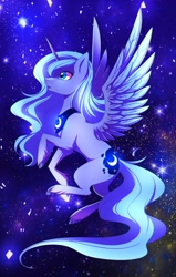 Size: 815x1280 | Tagged: safe, artist:perlenfuchs, imported from derpibooru, princess luna, alicorn, pony, blue eyes, blue mane, blue tail, digital art, feather, female, flowing mane, flowing tail, flying, glow, horn, looking up, mare, night, open mouth, solo, space, sparkles, spread wings, stars, tail, unshorn fetlocks, wings