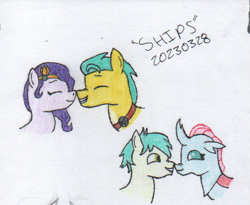 Size: 620x508 | Tagged: safe, artist:alejandrogmj, imported from derpibooru, hitch trailblazer, ocellus, pipp petals, sandbar, changedling, changeling, earth pony, pegasus, pony, bust, female, g5, hitchpipp, male, ocelbar, shipping, straight, traditional art