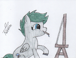 Size: 815x620 | Tagged: safe, artist:alejandrogmj, imported from derpibooru, oc, oc only, pegasus, pony, painting, raised hoof, traditional art