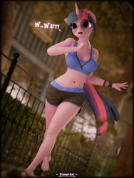 Size: 2880x3840 | Tagged: safe, artist:steamyart, imported from derpibooru, sci-twi, twilight sparkle, anthro, plantigrade anthro, unicorn, 3d, barefoot, blender, feet, glasses, running, solo, sweat, text, workout outfit
