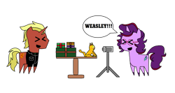 Size: 1227x651 | Tagged: safe, artist:equestriaguy637, imported from derpibooru, oc, oc:aramau, oc:firebrand, oc:weasley the cat, cat, pony, amused, aramau is amused, camera, clothes, firebrand is amused, glasses, jacket, photobomb, pointy ponies, simple background, speech, speech bubble, talking, transparent background