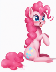 Size: 704x896 | Tagged: safe, imported from derpibooru, pinkie pie, earth pony, pony, cute, female, machine learning assisted, machine learning generated, mare, open mouth, simple background, solo, tongue out, white background