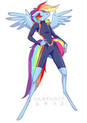 Size: 723x1023 | Tagged: safe, artist:vautaryt, imported from derpibooru, part of a set, rainbow dash, anthro, pegasus, unguligrade anthro, beach ball, clothes, eyes closed, hand on hip, simple background, solo, spread wings, swimsuit, transparent background, wetsuit, wings