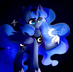 Size: 3571x3523 | Tagged: safe, artist:dark-reaper-0, imported from derpibooru, princess luna, alicorn, pony, black background, blue eyes, blue mane, blue tail, crescent moon, cute, digital art, female, flowing mane, flowing tail, folded wings, glow, gradient background, high res, hoof shoes, horn, mare, moon, moonlight, peytral, raised hoof, signature, simple background, smiling, solo, stars, tail, wings