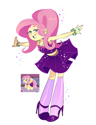 Size: 2048x2686 | Tagged: safe, artist:stevetwisp, imported from derpibooru, fluttershy, human, blushing, clothes, dress, female, gameloft, high heels, humanized, kneesocks, shoes, simple background, socks, solo, white background