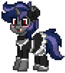 Size: 725x816 | Tagged: safe, imported from derpibooru, oc, oc only, oc:dreaming star, bat pony, bat pony unicorn, hybrid, pony, unicorn, pony town, bat pony oc, bat wings, blushing, choker, clothes, crossdressing, cute, dress, fangs, femboy, game, girly, horn, maid, male, ocbetes, red eyes, ribbon, shirt, simple background, skirt, socks, solo, stallion, transparent background, wings