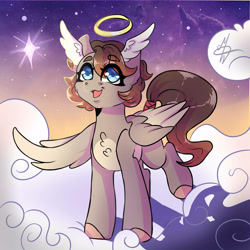 Size: 2500x2500 | Tagged: safe, artist:dark-reaper-0, imported from derpibooru, angel pony, original species, pony, angel, cloud, halo, head wings, high res, on a cloud, one wing out, open mouth, raised leg, signature, sky, solo, standing on a cloud, stars, wings