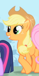 Size: 160x310 | Tagged: safe, imported from derpibooru, screencap, applejack, earth pony, pony, hat, smiling