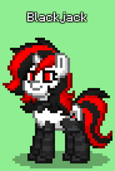 Size: 552x816 | Tagged: safe, imported from derpibooru, oc, oc only, oc:blackjack, cyborg, cyborg pony, pony, unicorn, fallout equestria, fallout equestria: project horizons, pony town, collar, cybernetic legs, fanfic art, green background, simple background, solo