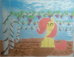 Size: 1396x1080 | Tagged: safe, artist:anonymous, imported from twibooru, fluttershy, pegasus, pony, /bale/, cloud, cute, food, gouache, grapes, image, png, scenery, sky, smiling, solo, traditional art, vine