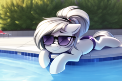 Size: 768x512 | Tagged: safe, imported from derpibooru, silver spoon, earth pony, pony, ai content, ai generated, alternate hairstyle, beach chair, chair, clothes, generator:novelai, generator:stable diffusion, lying down, poolside, prone, solo, sunglasses, swimming pool, swimsuit