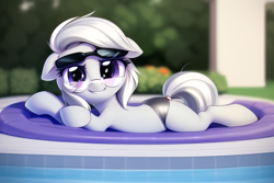 Size: 768x512 | Tagged: safe, imported from derpibooru, silver spoon, earth pony, pony, ai content, ai generated, alternate hairstyle, beach chair, chair, clothes, generator:novelai, generator:stable diffusion, glasses, looking at you, lying down, poolside, prone, smiling, solo, sunglasses, swimming pool, swimsuit, tail, tail wrap