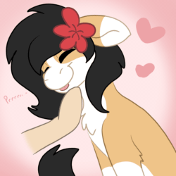 Size: 2000x2000 | Tagged: safe, artist:euspuche, imported from derpibooru, oc, oc:liliya krasnyy, earth pony, pony, animated, chest fluff, chin scratch, eyes closed, finger, floppy ears, flower, flower in hair, gradient background, hand, heart, purring, smiling, solo focus, tail, tail wag, tongue out, waving