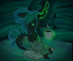 Size: 2048x1727 | Tagged: safe, artist:fizzysugardrink, imported from derpibooru, queen chrysalis, changeling, changeling queen, card carrying villain, cave, clothes, crossed hooves, cute, cutealis, evil, glowing, glowing horn, hair bun, horn, lying down, magic, mug, pillow, prone, solo, sweater, tail, tail bun, telekinesis