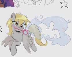 Size: 1516x1213 | Tagged: safe, artist:dulcesilly, imported from derpibooru, derpy hooves, pegasus, pony, blowing bubbles, blushing, bubble wand, cute, derpabetes, female, mare, mouth hold, offscreen character, simple background, solo focus, white background