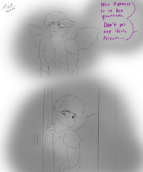 Size: 2500x3000 | Tagged: safe, artist:astrum, imported from derpibooru, oc, oc only, anthro, bat pony, armor, blushing, comic, dialogue, digital art, door, floppy ears, high res, looking up, male oc, nervous, offscreen character, part of a series, royal guard, scared, sketch, spread wings, sweat, sweating profusely, wide eyes, wings