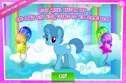 Size: 1960x1298 | Tagged: safe, imported from derpibooru, spring rain, pony, unicorn, advertisement, balloon, balloon pop, cloud, english, female, gameloft, horn, mare, mobile game, my little pony: magic princess, official, rainbow waterfall, show accurate, solo, text