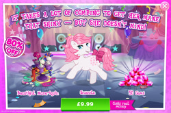 Size: 1965x1300 | Tagged: safe, imported from derpibooru, snuzzle, earth pony, pony, advertisement, bow, costs real money, english, female, g1, gameloft, gem, mannequin, mare, mobile game, my little pony: magic princess, numbers, official, sale, solo, tail, tail bow, text, wig