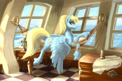 Size: 6000x4000 | Tagged: safe, artist:kirillk, imported from derpibooru, oc, oc only, oc:steam cloud, pegasus, pony, background, bandage, boat, candle, female, hammock, lying down, map, mare, ocean, painting, scenery, sextant, ship, solo, unshorn fetlocks, water