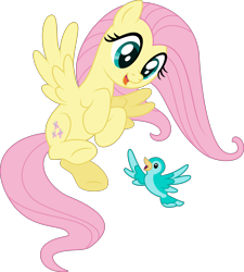Size: 3148x3499 | Tagged: safe, artist:thatusualguy06, imported from derpibooru, fluttershy, bird, pegasus, pony, .svg available, cute, duo, female, flying, high res, looking at each other, looking at someone, mare, open mouth, shyabetes, simple background, spread wings, svg, transparent background, vector, windswept mane, wings