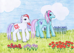 Size: 1104x784 | Tagged: safe, artist:normaleeinsane, imported from derpibooru, sugar belle (g2), earth pony, pony, cloud, duo, duo female, female, flower, g2, grass, grass field, outdoors, secret tale, smiling, tail, unshorn fetlocks