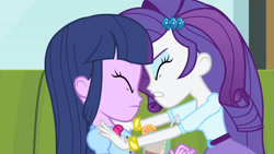 Size: 3072x1727 | Tagged: safe, imported from derpibooru, screencap, rarity, twilight sparkle, human, equestria girls, rainbow rocks, duo, duo female, eyes closed, female, frown, hairpin, milkshake