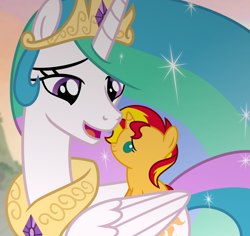 Size: 6012x5664 | Tagged: safe, artist:emeraldblast63, imported from derpibooru, princess celestia, sunset shimmer, alicorn, pony, unicorn, comic:the tale of two sunsets, absurd resolution, baby, baby pony, babyset shimmer, crown, cute, daaaaaaaaaaaw, ethereal mane, ethereal tail, female, filly, foal, jewelry, looking at each other, looking at someone, mare, momlestia, regalia, shimmerbetes, tail, weapons-grade cute, younger