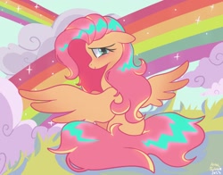 Size: 1368x1074 | Tagged: safe, artist:petaltwinkle, imported from derpibooru, fluttershy, pegasus, pony, blushing, cute, female, looking at you, looking back, looking back at you, mare, rainbow, shyabetes, sitting, smiling, smiling at you, solo, spread wings, wings