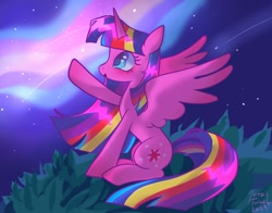 Size: 1368x1074 | Tagged: safe, artist:petaltwinkle, imported from derpibooru, twilight sparkle, alicorn, pony, aurora borealis, female, long mane, looking up, mare, night, open mouth, open smile, sitting, smiling, solo, spread wings, tail, twilight sparkle (alicorn), wings