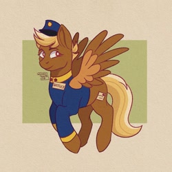 Size: 1080x1080 | Tagged: safe, artist:wyverntooth.clip, imported from derpibooru, pegasus, pony, blonde, clothes, female, forced meme, hat, mare, meme, name tag, red eyes, shitfuck meme, signature, simple background, solo, spread wings, swift reply, text, uniform, vulgar, wings