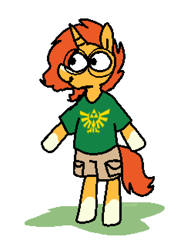 Size: 956x1300 | Tagged: safe, artist:punkittdev, imported from derpibooru, sunburst, pony, unicorn, bipedal, cargo shorts, clothes, g4, male, shirt, simple background, smiling, solo, stallion, the legend of zelda, white background