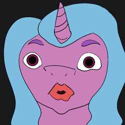 Size: 800x800 | Tagged: safe, artist:atrocitycode, imported from derpibooru, izzy moonbow, pony, unicorn, abomination, black background, bust, creepy, cursed image, female, g5, human lips, lipstick, looking at you, mare, no ears, oh dear god, puffy lips, sexy, simple background, solo