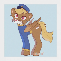 Size: 700x700 | Tagged: safe, artist:elliobb, imported from derpibooru, pegasus, pony, blonde, cheek fluff, clothes, cute, female, forced meme, hat, letter, looking at you, mare, meme, mouth hold, red eyes, shitfuck meme, signature, simple background, solo, swift reply, uniform, vulgar description, wings