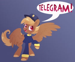 Size: 2048x1702 | Tagged: safe, artist:glowfangs, imported from derpibooru, pegasus, pony, blonde, blue background, clothes, female, hat, mare, meme, raised hoof, red eyes, simple background, speech bubble, spread wings, swift reply, text, uniform, wings