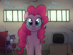 Size: 2400x1800 | Tagged: safe, artist:datte-before-dawn, imported from derpibooru, pinkie pie, twilight sparkle, spider, :c, adoracreepy, cardboard box, chair, concerned, creepy, cute, diapinkes, frown, judging, looking at you, offscreen character, sad, sadorable, spider web, television, twiggie